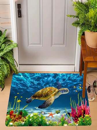 1/2件套海龟图案迎宾门垫 - 耐用涤纶地垫，采用海滩主题设计，适用于卧室、浴室、客厅和厨房装饰。适用于机器和浴室地垫 | 海龟迎宾垫