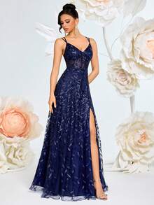 ADYCE 亮片刺绣细肩带 V 领透明高腰薄纱露背系带连衣裙，适合派对、舞会、晚会 - 藏蓝色 - 查看 3