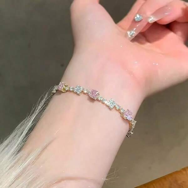 1 Peça/2 Peças Pulseira de Zircônia Cúbica na Cor Dourada e Rosa Único, Todo Pavimentado, Adequado como Presente de Feriado, Acessório de Pulseira Diário para Mulheres
