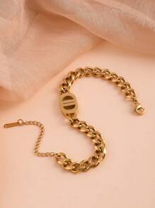 Gold Cuban Chain Geometric Charm Necklace & Bracelet Set, Hip-Hop Thick Chain Jewelry Set, Suitable Gift For Mom, Wife, Friends, Students