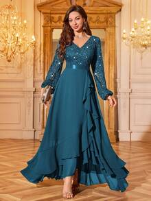 MIUSOL Đầm maxi dự tiệc trang trọng, cổ chữ V, tay phồng, viền bèo nhún, đính sequin và ren hoa, kiểu dáng thanh lịch dành cho nữ, thích hợp cho khách dự đám cưới, lễ tốt nghiệp, tiệc gala và các dịp khác, đặc biệt cho ngày Valentine mùa xuân. - Màu xanh bụi bặm - Xem 2