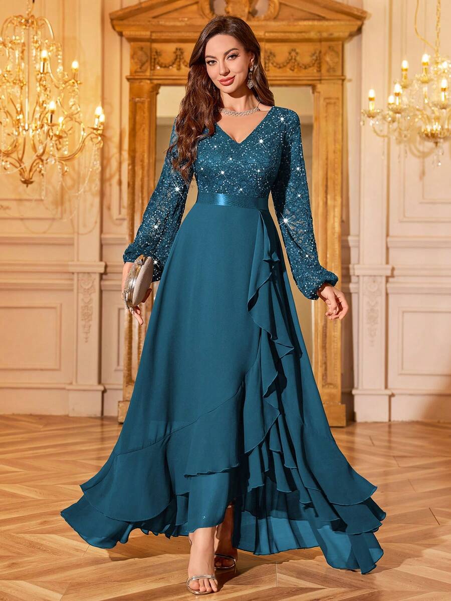 MIUSOL Đầm maxi dự tiệc trang trọng, cổ chữ V, tay phồng, viền bèo nhún, đính sequin và ren hoa, kiểu dáng thanh lịch dành cho nữ, thích hợp cho khách dự đám cưới, lễ tốt nghiệp, tiệc gala và các dịp khác, đặc biệt cho ngày Valentine mùa xuân.