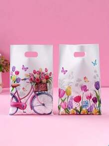 25 Stücke Tulpen Blumen Geschenktüte, frühlingshaftes Party Handtäschchen, Party Snack Rückgabe Geschenkverpackung Süßigkeitenverpackung, mit hellem Blumenmuster, 9.84* 6.49-Inch Verpackungstasche, geeignet für Feste, Geburtstage, Hochzeiten und Partys (Farbmischung)