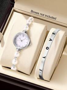2pcs/Set Women Fashion Elegant Pearl Quartz Watch & Bracelet Set With LOVE Bracelet, Gift For Teacher's Day, Thanksgiving, Student Graduation, Birthday