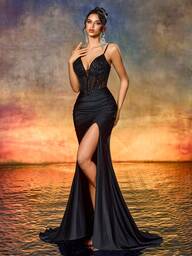 Eleganckie, głębokie V, odkryte plecy, haftowane koralikami, cekinami, patchworkowe suknie wieczorowe, odpowiednie na kolację, koktajl, przyjęcie i inne okazje., Formalne, Suknia, dla gości weselnych