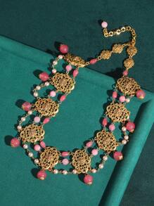 Conjunto de joyería nupcial con enchapado en bronce vintage, accesorios de compromiso, borlas multicapa, collar de piedra natural rosa dulce hecho a mano con cuentas y perlas falsas, aretes y anillo