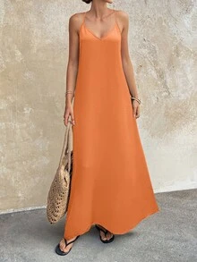 Vestido de tirantes de mujer Doriss con cuentas y espalda descubierta, color liso para vacaciones