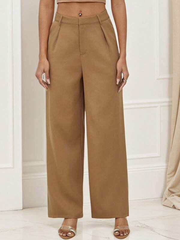 2025 Women's Summer Solid Color Casual & Office Lady High Waist Wide Leg Pants, Elegant & Fashionable Loose Zip-Up Long Trousers For Office