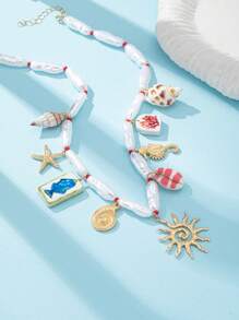 1 pieza Conjunto de collar bohemio de verano con perlas falsas, colgantes de fruta de vidrio, estrella de mar, concha, coral y sol, collar con colgante de cereza de vidrio, apilables para mujer, apropiados para playa, viaje, vacaciones (hecho a mano, colores y formas son aleatorios)