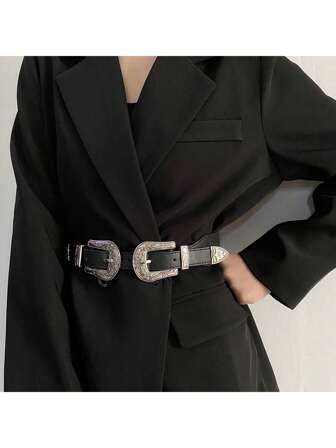 1 pieza Cinturón elástico de mujer de 4 cm de ancho con doble hebilla, banda decorativa para la cintura para vestidos, adecuado para boda, fiesta, campus, ocasiones casuales de verano, escuela de otoño, otoño, Halloween