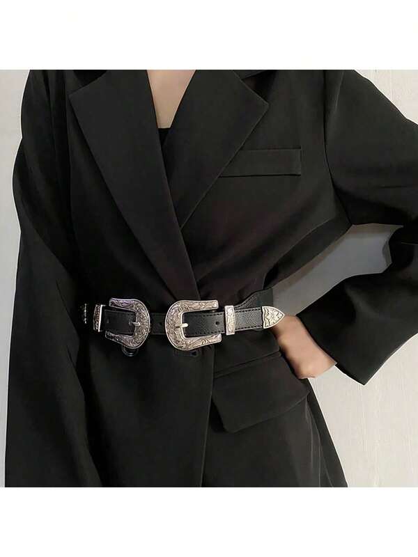 1 peça de cinto elástico feminino com fivela dupla de 4 cm de largura, faixa decorativa para vestidos, adequado para casamento, festa, campus, ocasiões casuais, verão, escola, outono, Halloween