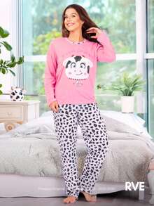Women's Pajamas Winter Long Faux Drawstring Cute Elegant Luxurious Woman Casual Young Casual Knitted Fabric Long Sleeve Cute Cow - 粉色 - 查看 2