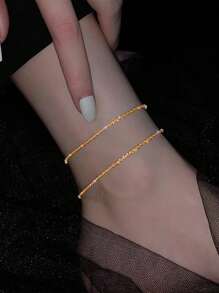 2pcs/Set Fashionable Minimalist Double Layer Shiny Gold Layered Anklet Bracelet, Women Ankle Jewelry, Gift