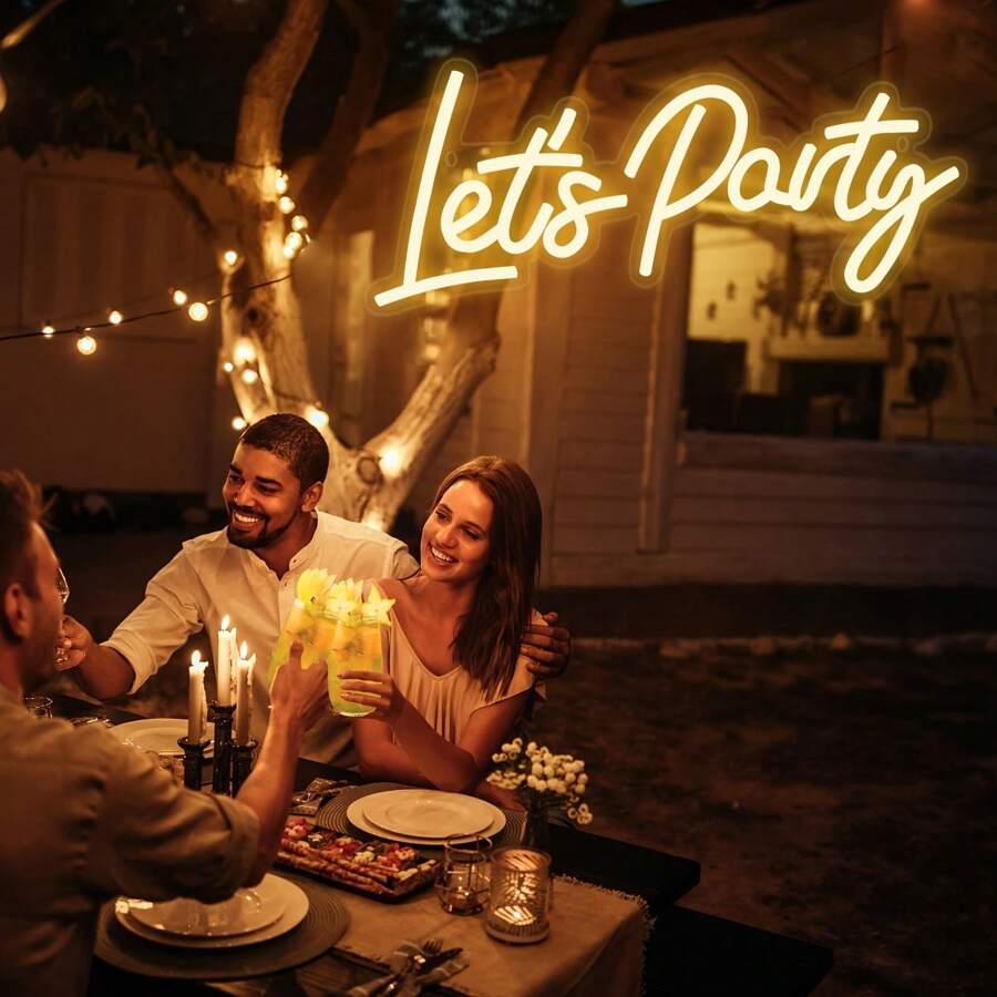 Insegna al neon a luce LED "Festeggiamo", alimentata tramite USB, con pulsante di accensione, 9 livelli di regolazione, ideale per decorazioni murali festive, adatta per casa, camera da letto, soggiorno, ufficio, matrimoni, feste di Natale e San Valentino