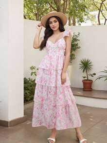 Women's Floral Dress Stylish Multi-Layered Ruffles Split Cap Sleeve Long A-Line Dress For Spring Summer - Pink - View 7