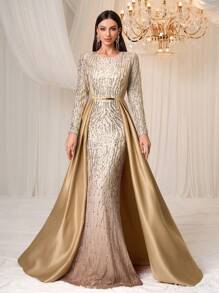 YISIKADO Women's Formal Party Gown, Elegant Luxury Sequin & Satin Long Sleeve Caped Dress