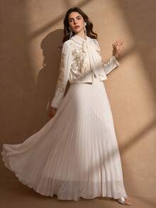 优雅奢华的珍珠刺绣外套搭配褶裥雪纺裙，女士春季优雅两件套 - 杏色 - 查看 6