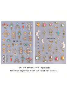 2 Pieces Of Bohemian Star Moon Sun Relief Nail Art Stickers - Yellow, Red, Blue, And Purple Stars, Moon, Sun, And Pearl Art Designs, 5D Relief Craftsmanship, Disposable Self Adhesive Back Adhesive Nail Stickers Suitable For Women, Bohemian Star Moon Theme Style, Easy To Stick Nail Decoration Stickers