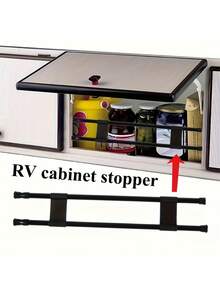 The Overhead Storage Cabinet Railing In The RV Helps Prevent Items From Falling. The RV Home Refrigerator Extendable Rod Extends The Storage Shelf And Can Be Adjusted. The Simple Fixed Rack Has A Kitchen Storage Organizer With Partition Design Inside The Cabinet.
