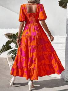 Women's Dress, Puffed-Sleeve Floral Casual Summer Dress, Pleated Back, Beach Flowing, Layered Long Sundress - Hoa hồng cam - Xem 2