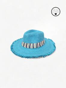 Culoare uni, dungi contrastante, dungi multicolore, casual boem, palarie de soare din paie, lucrata manual, palarie de plaja cu protectie UV, primavara vara toamna - Albastru - Vizualizare 1