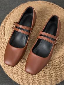 MonaNise 女士 3 厘米布面高跟鞋黑色时尚百搭海军蓝、咖啡色、酒红色粗跟低跟玛丽珍鞋 - 棕色 - 查看 4