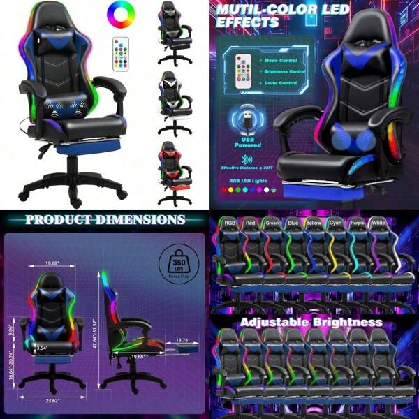 RGB LED Lights Gaming Chair With Footrest For Adults And Lumbar Support Massager Video Game Chair High Back Reclining Gamer Chair With Headrest 360 Swivel Computer Chair Blue