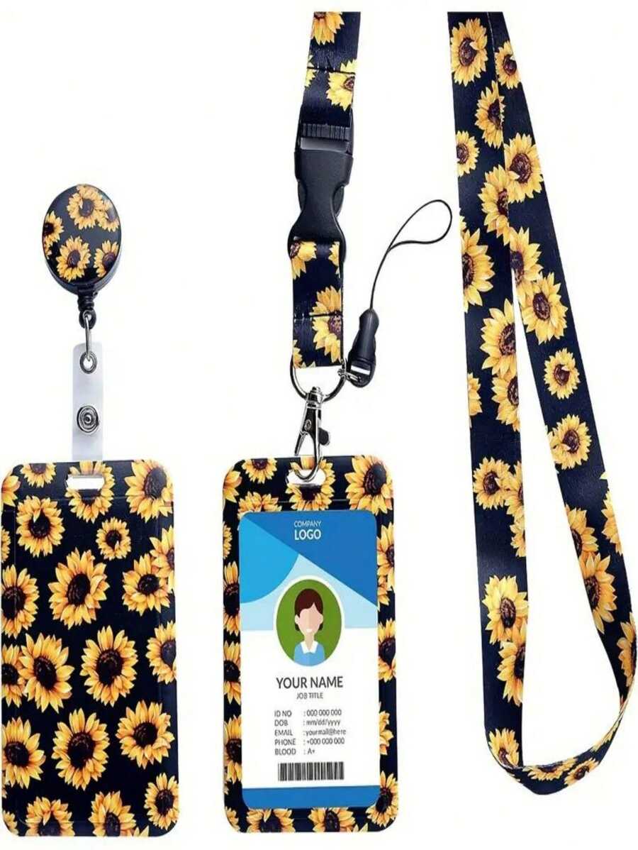 Sunflower ID Badge Holder With Retractable Lanyard - Durable Clasp And Metal Key Ring School Supplies, Back To School