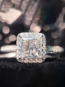 Bague géométrique carrée en argent sterling 925 avec cubic zirconia cubique, cadeau de bijoux de haute qualité pour femmes