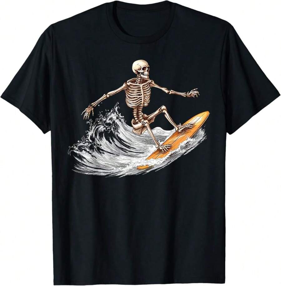 Skeleton Surfer Surfboard Beach Summer Surf Surfing T-Shirt Gift For Crafters Birthday Gift For Best Friend - Black - View 1