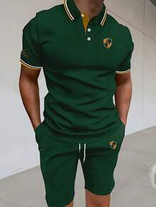 2pcs Men's Casual Fashion Suit - Solid Color Knit Top And Pants With Contrast Trim, Custom Printed Design, Business Casual Style Polo Shirt And Shorts Set, Summer - Green - View 1