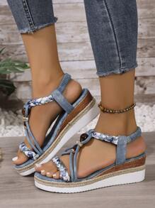 Damen Sandalen mit dicker Sohle, Perlen und Strass, bohemian Offene Zehenpartie, Plateau-Absätze. Kombiniert mit elastischem Schlupf-Design, mittlerer Absatz, komfortable Plateausohle, leichtes geflochtenes Seil, römische Sommer-Strandssandalen, geeignet für den Sommer