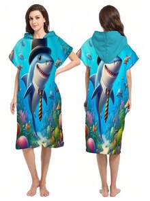 1pc Shark Hooded Poncho Changing Robe, Microfiber Wearable Beach Towel, Suitable For Surfing, Swimming, Bathing, Outdoor Sports, Adult Hooded Towel Cloak Robe - Multicolor - View 16