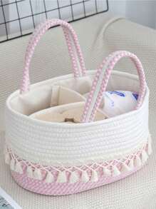 1pc Baby Diaper Storage Basket, Toy Organizer Basket With Tassel Handle, Handwoven Divided Portable Design