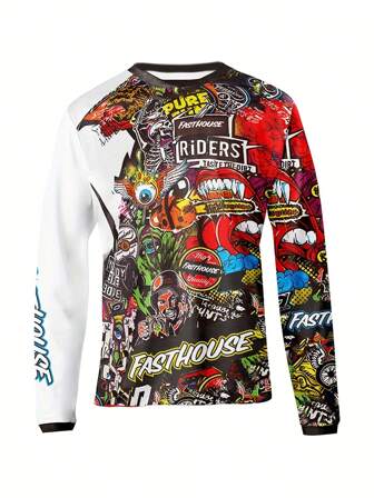  Camiseta de manga larga de motocross para hombres FASTHOUSE, camiseta de ciclismo de poliéster de secado rápido y transpirable con estampado gráfico de dibujos animados, lavable a máquina, equipo de conducción de motocicleta de tela de punto