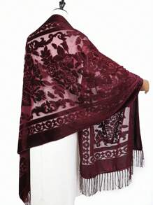 1pc Women's Rose Jacquard Velvet Tassel Scarf, Fashion Elegant Shawl, Versatile For Dance, Party, Festival, High-End Ladies Premium Scarf