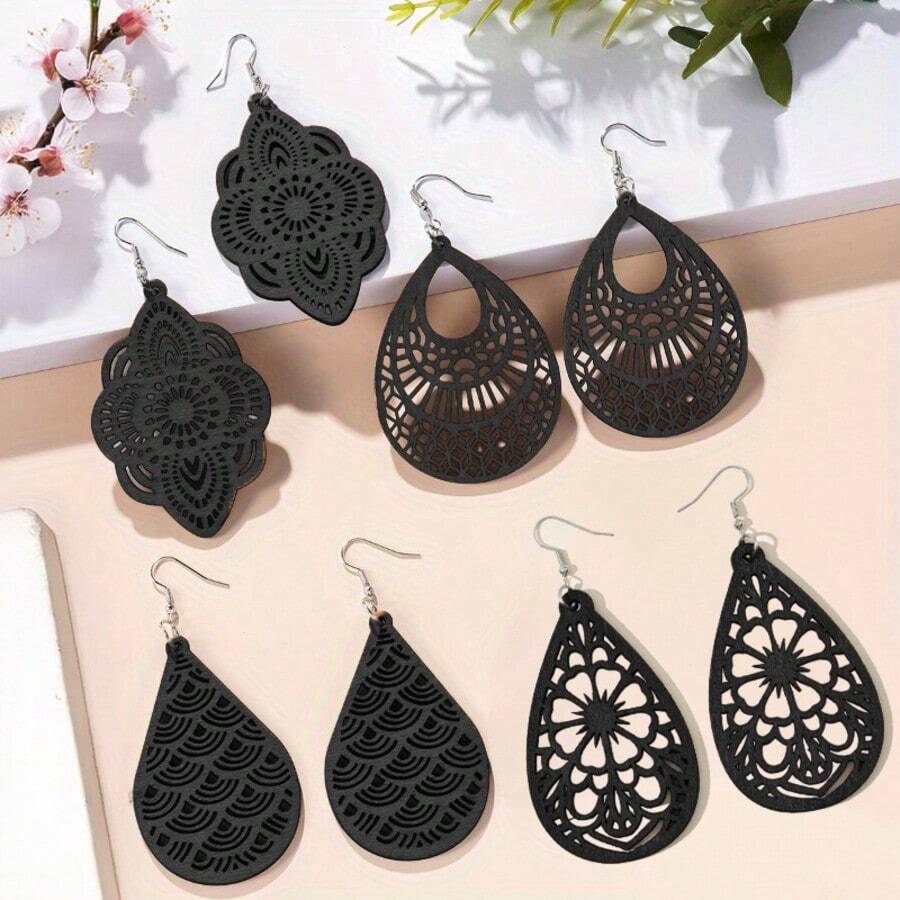 4 对/套复古雕刻花卉图案吊坠耳环，优雅复古风格木制珠宝，精致的女士礼物 - 黑色 - 查看 1