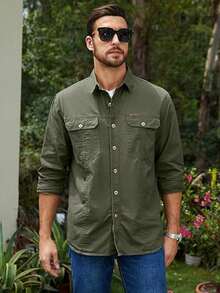 Men's Casual Cotton Cargo Shirt, Long-Sleeved Shirts For Camping And Hunting, Military Combat Shirt, Shirts For Hiking, Fishing, Hunting Clothes - màu xanh lá - Xem 3