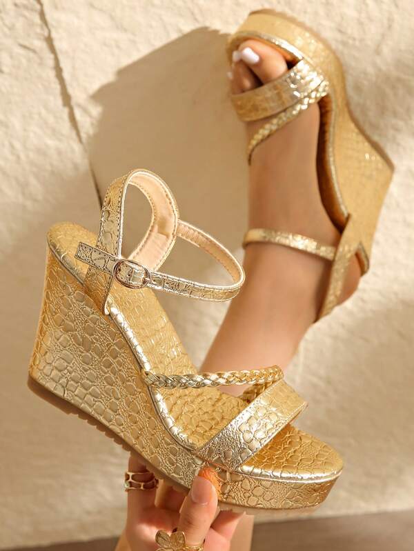 1 Paar Damenmode Sandalen mit hohem Keilabsatz und offener Spitze, sexy Nachtclub-Strandschuhe in Goldfarbe mit einfarbigem Bohemian-Riemen