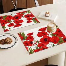 4pcs Set Poppy Flower Printed Linen Placemats - Woven Linen Rectangle Table Mats For Dining, Kitchen, Coffee Table, Dining Table Decor - Multicolor - View 11