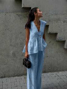 2pcs Women's Casual Elegant Linen Single-Breasted Vest And Pants Set, Suitable For Dates, Daily Wear, Parties, New Year, Street Style