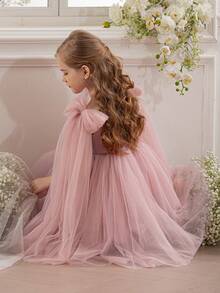Robe de fête avec nœud pour jeune fille, robe de princesse élégante avec tulle en maille, convient pour les anniversaires de filles, les cadeaux, les bals, les occasions festives, les mariages, les robes de demoiselle d'honneur, les tenues de fête de vacances, la robe de Thanksgiving - Rose bonbon - Voir 6