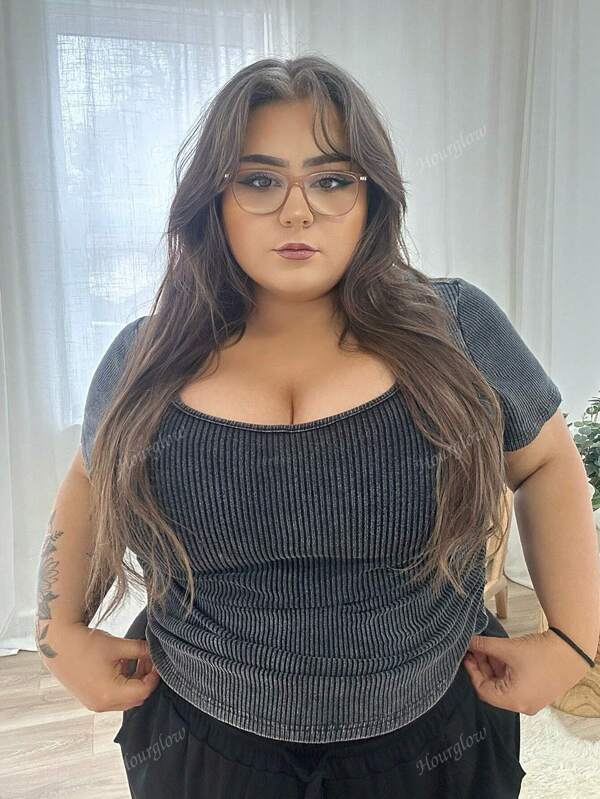 Hourglow Plus Size Distressed Short Sleeve Pleated Ruched Waist T-Shirt