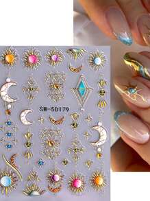 2 Pieces Of Bohemian Star Moon Sun Relief Nail Art Stickers - Yellow, Red, Blue, And Purple Stars, Moon, Sun, And Pearl Art Designs, 5D Relief Craftsmanship, Disposable Self Adhesive Back Adhesive Nail Stickers Suitable For Women, Bohemian Star Moon Theme Style, Easy To Stick Nail Decoration Stickers