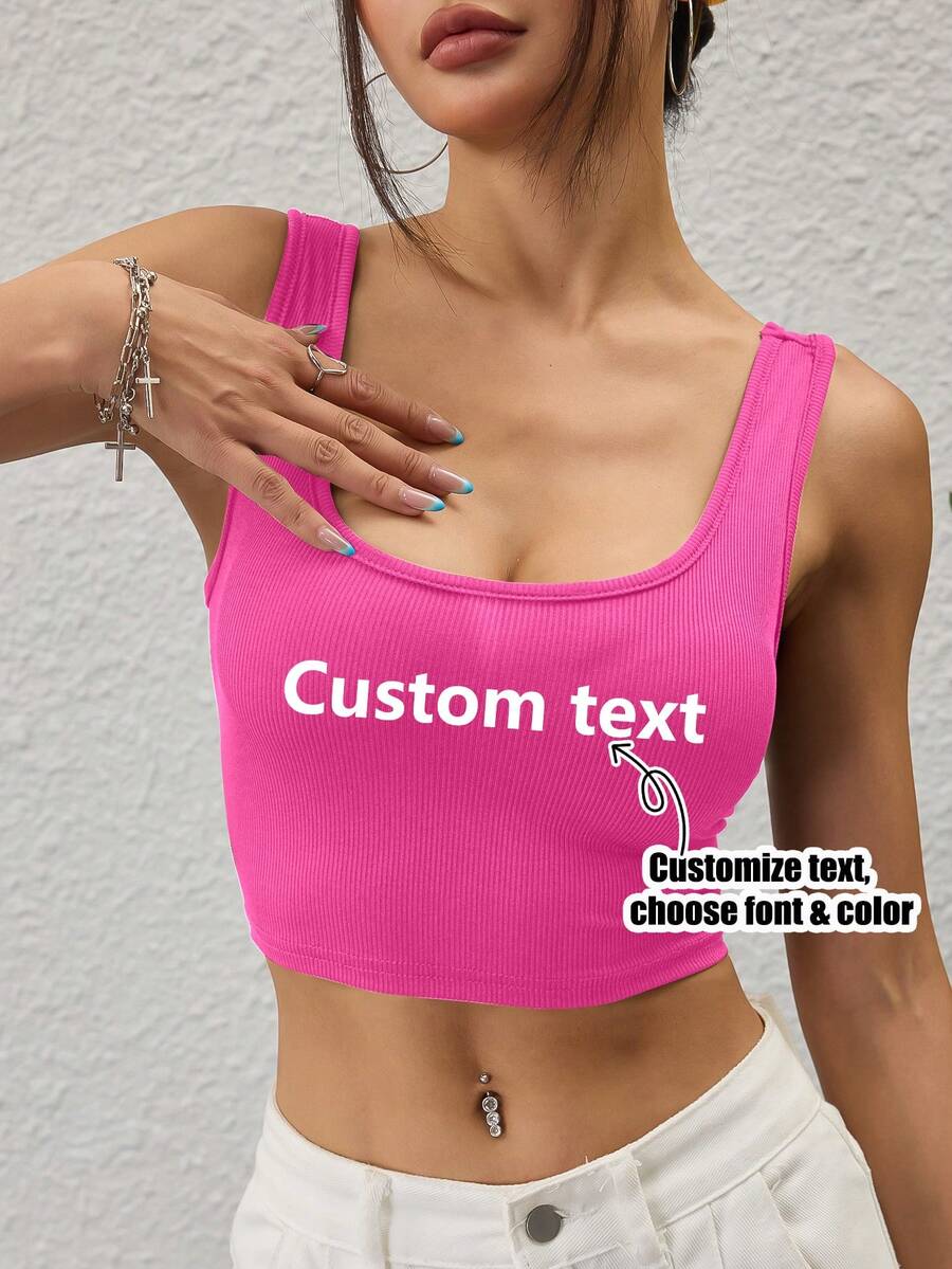 Customized Women Short Tank Top, Add Text, Choose Preferred Color And Font, Design Your Own Personalized Graphic Tee Summer - Hot Pink - View 1