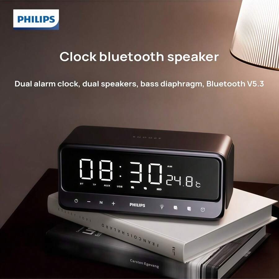 PHILIPS 智能夜灯 LED 时钟蓝牙音箱 | 超长待机备用电池，立体声双扬声器，软触控闹钟，深空灰色