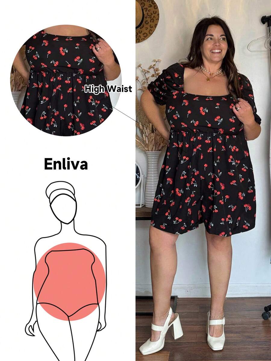Enliva Jolene.Mendez Plus Size Women's Square Neck Short Sleeve Cherry Print Playsuit, Spring/Summer, For Apple Rounded Body Shape - Multicolor - View 1