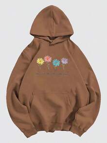 Sudadera estampada con capucha para mujer,Sudadera informal con estampado de cuatro flores - Marrón - Ver 4