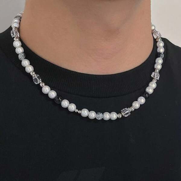 1 Pc Fashion Hip Hop Punk Ice Cracked Beads Faux Pearl Beaded Necklace Suitable For Men And Women Daily Wear