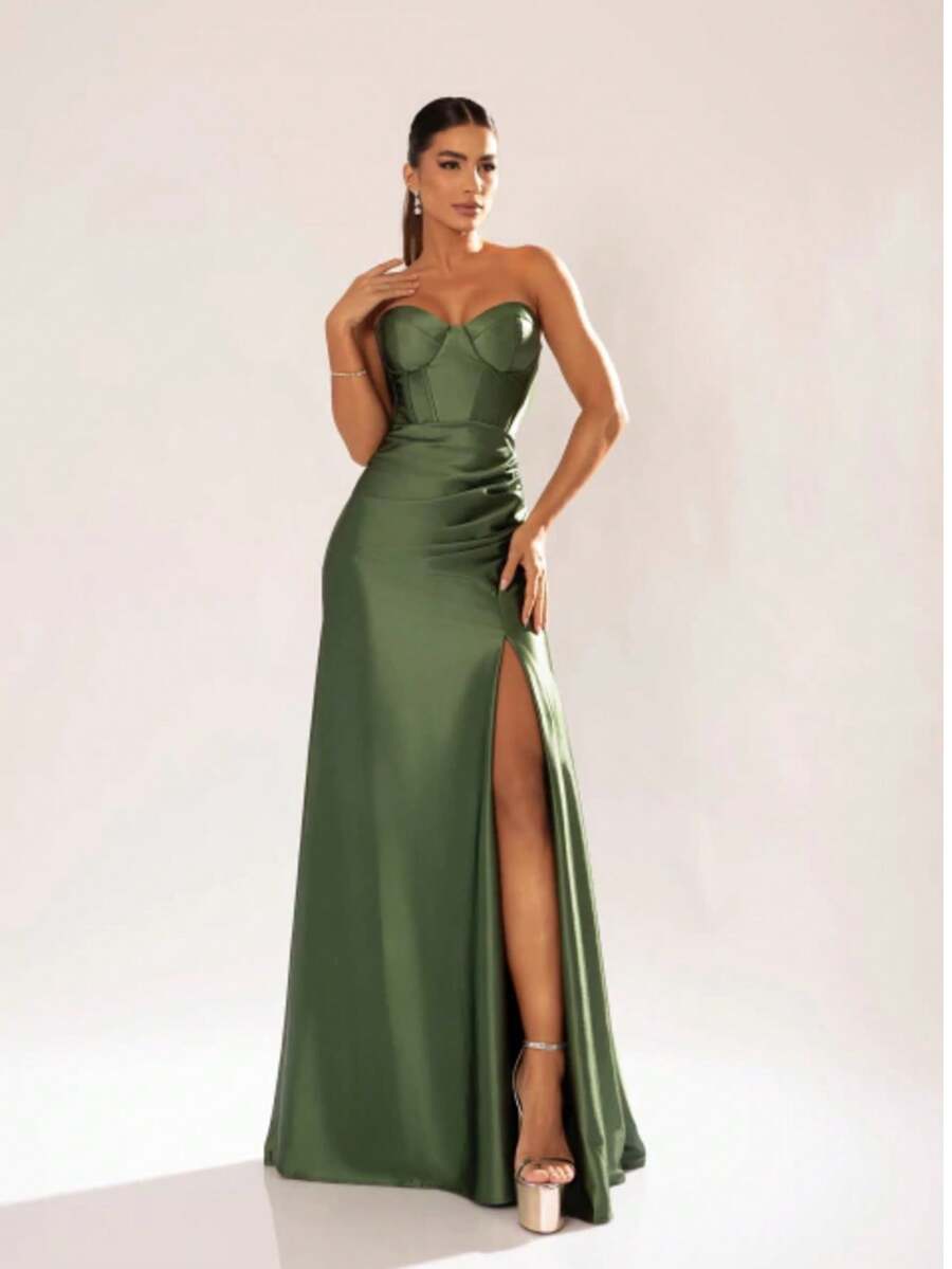 Sexy Long Party Dress With Slit Wedding - Màu xanh Ô liu - Xem 1